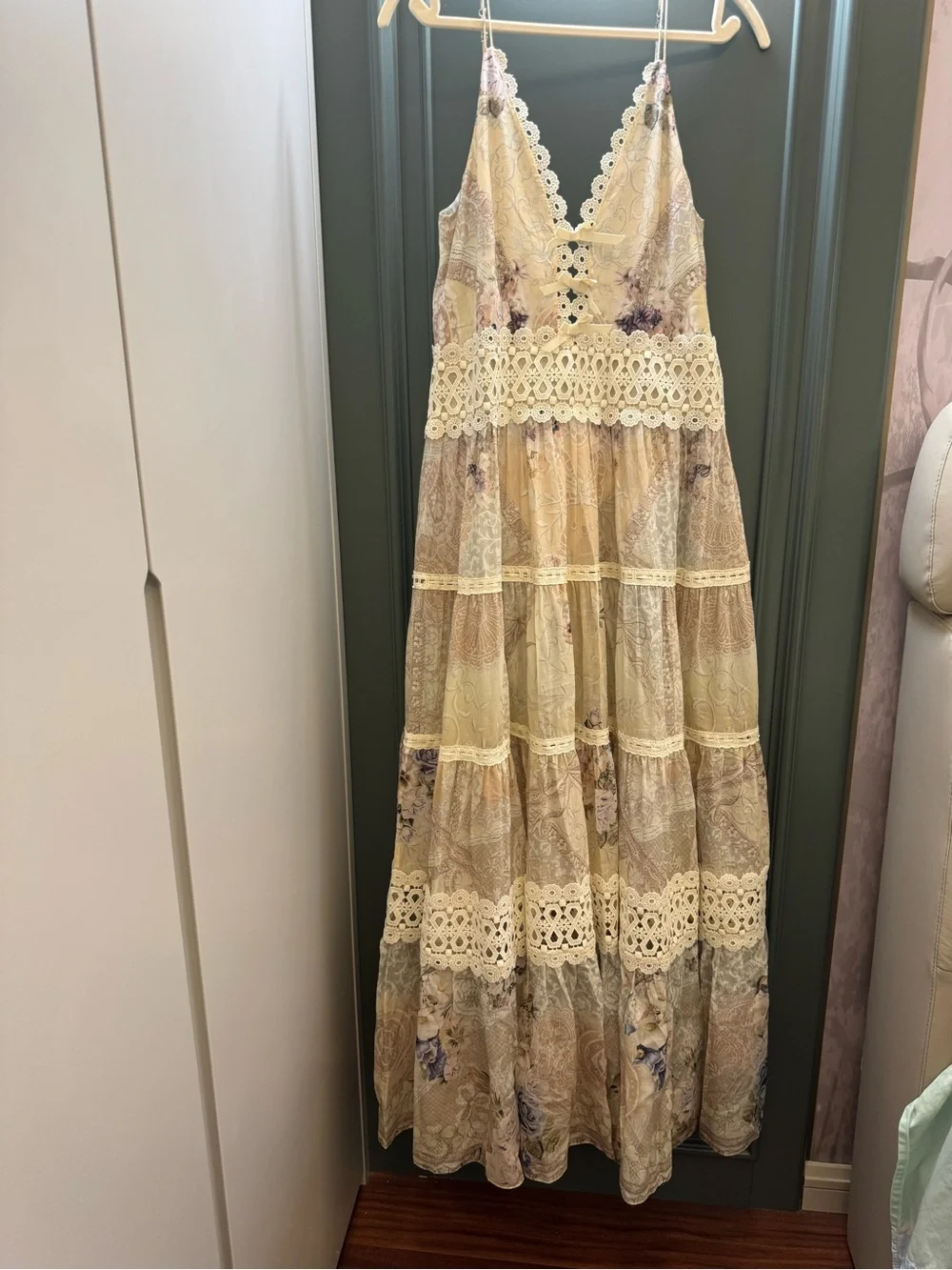 Camilla Trapeze Tired Dress. Cream Floral Lace Maxi Dress - Picture 3 of 10